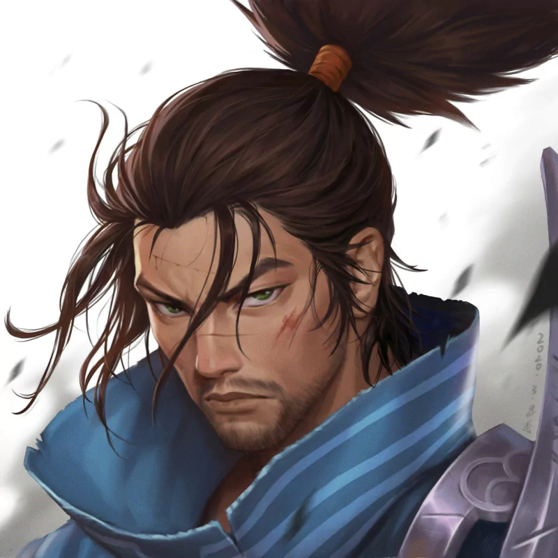Portrait of Yasuo, the video game character from League of Legends — stern, scarred face with topknot, wearing a blue cloak and holding a sheathed sword.