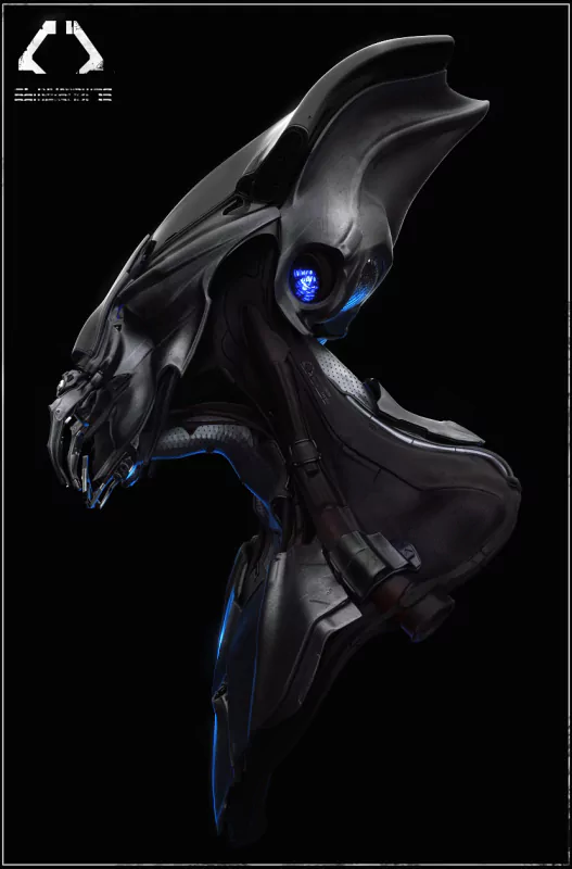 Profile of a sleek sci-fi alien robot head with glossy black armor, a glowing blue eye and organic-futuristic design elements.