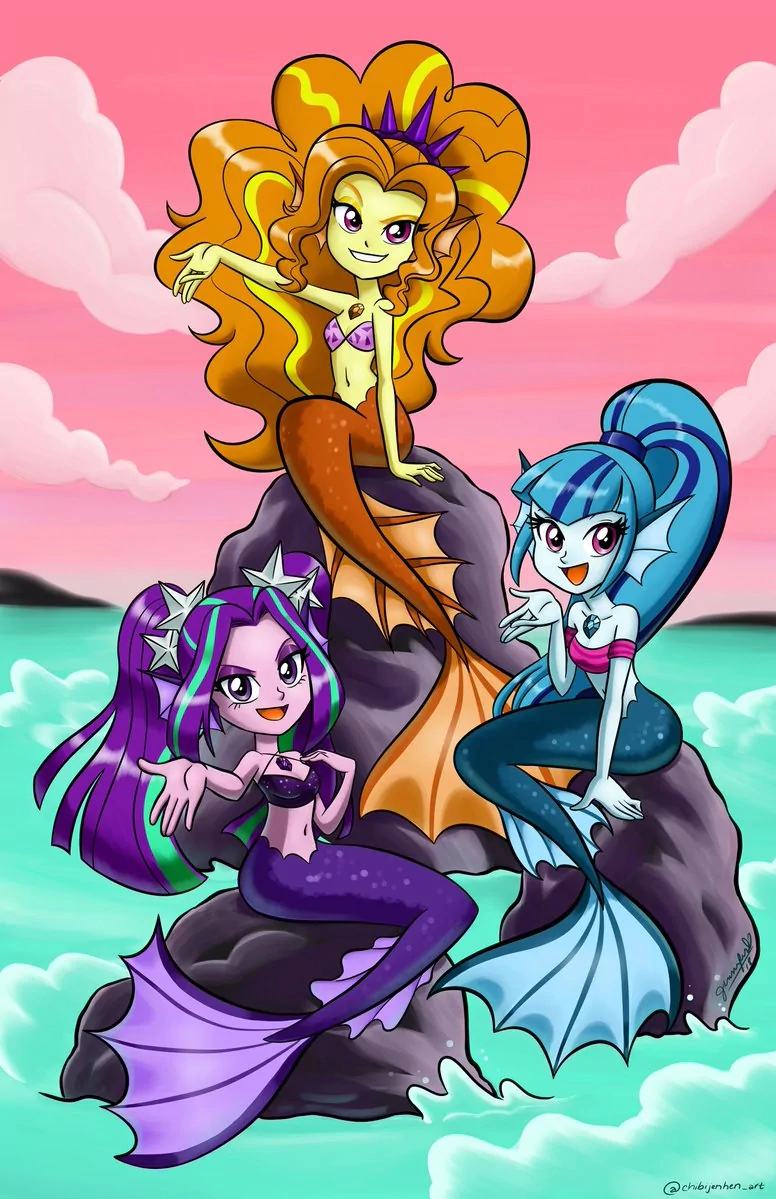 purple hair orange hair blue hair two-toned hair tail smile mermaid Sonata Dusk Aria Blaze Adagio Dazzle TV Show My Little Pony: Equestria Girls Image