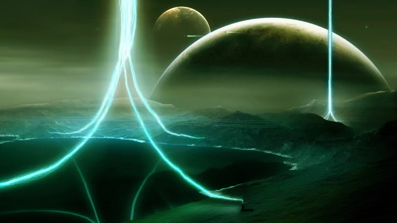 Sci-fi landscape featuring a planet rising over a dark, rocky terrain illuminated by glowing blue energy beams.