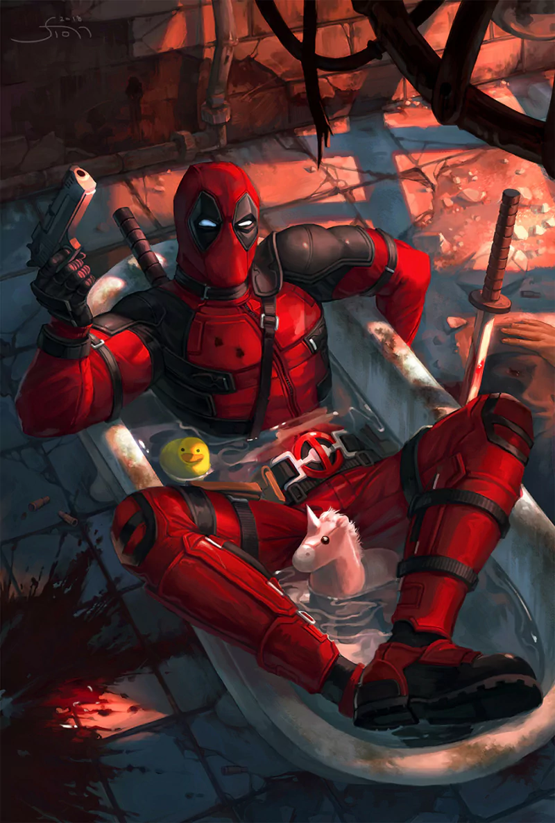  Deadpool in the Bath with hes Unicorn and Rubber Duck by S1077 Song