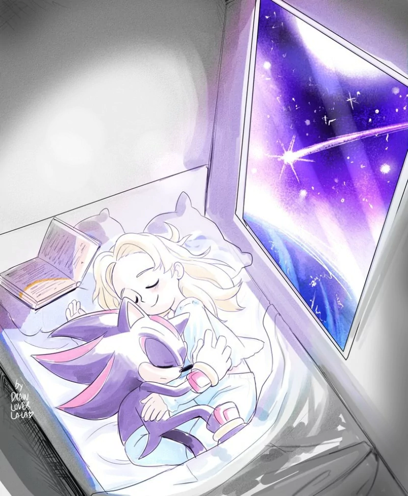 Maria Robotnik, a cute blonde girl, sleeps peacefully in bed hugging Shadow the Hedgehog, with a starry cosmic scene visible through the window.