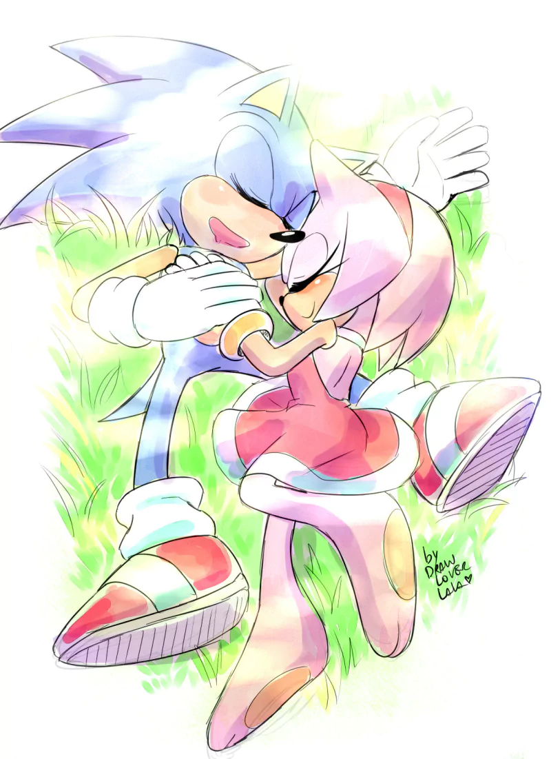 Sonic the Hedgehog and Amy Rose sleep smiling on grass in a cute SonAmy moment — Sonic in sneakers, Amy barefoot, their paws touching as they embrace.