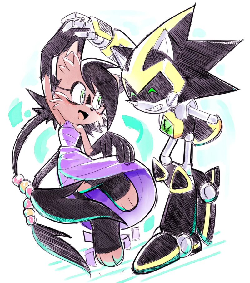 smile green eyes cute dancing Shard the Metal Sonic Nicole the Holo Lynx Comic Sonic Universe Image