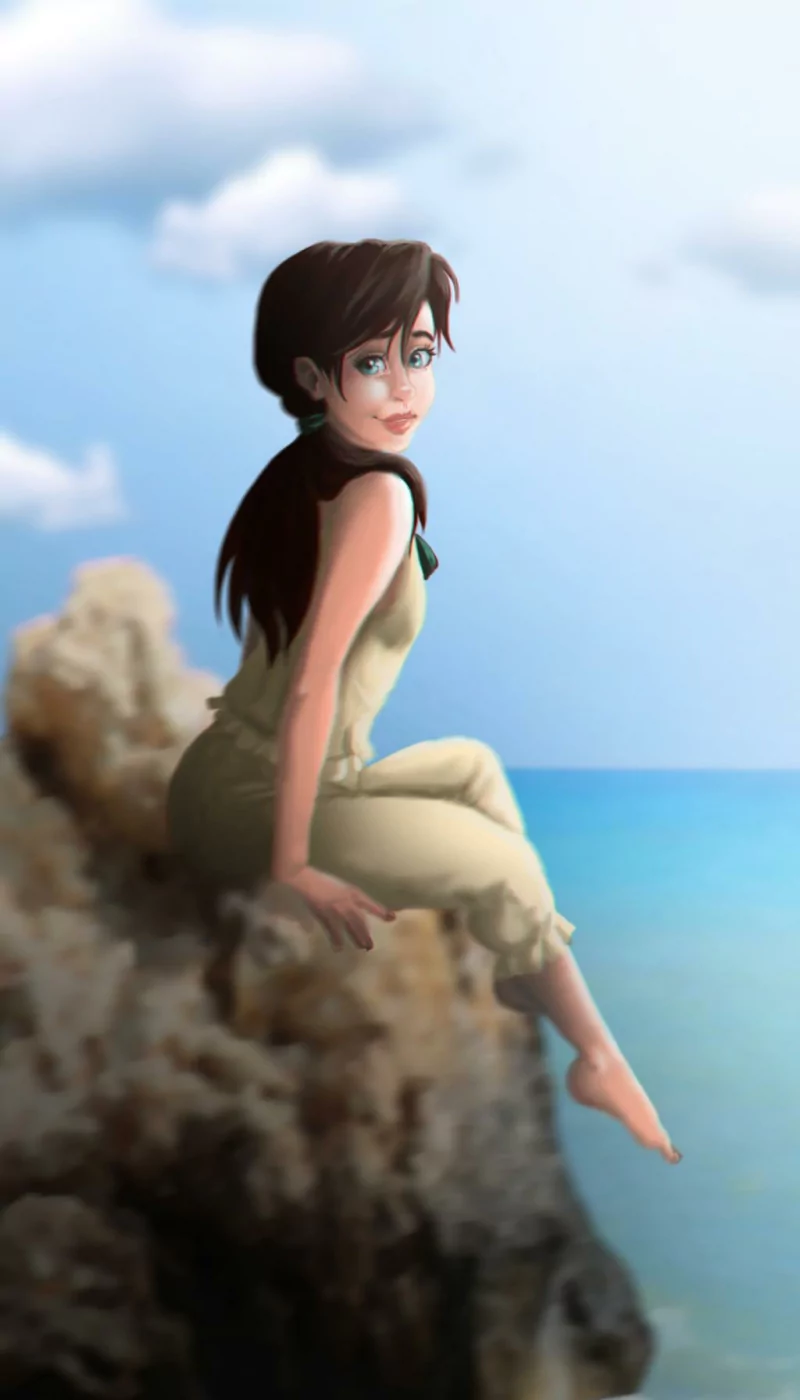 Melody from The Little Mermaid II: Return to the Sea — barefoot, blue‑eyed with black hair, sitting on a rocky shore and gazing back toward the ocean.