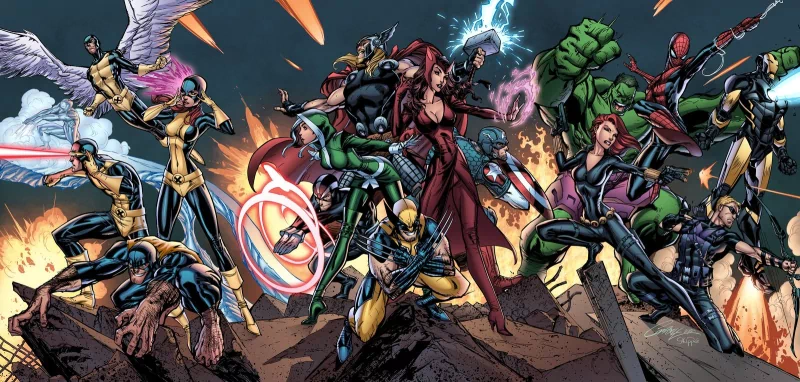 Marvel Comics illustration of a diverse team of costumed superheroes — shield‑bearer, hammer‑wielder, clawed fighter and green powerhouse — battling across a shattered battlefield.