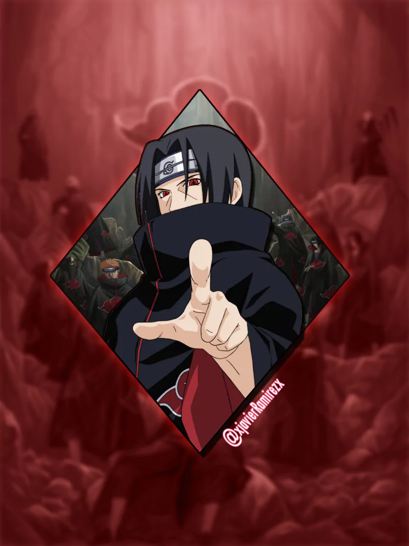 Itachi Uchiha from the anime Naruto is depicted with his iconic headband and Akatsuki cloak, extending his hand forward against a dark, dramatic background.