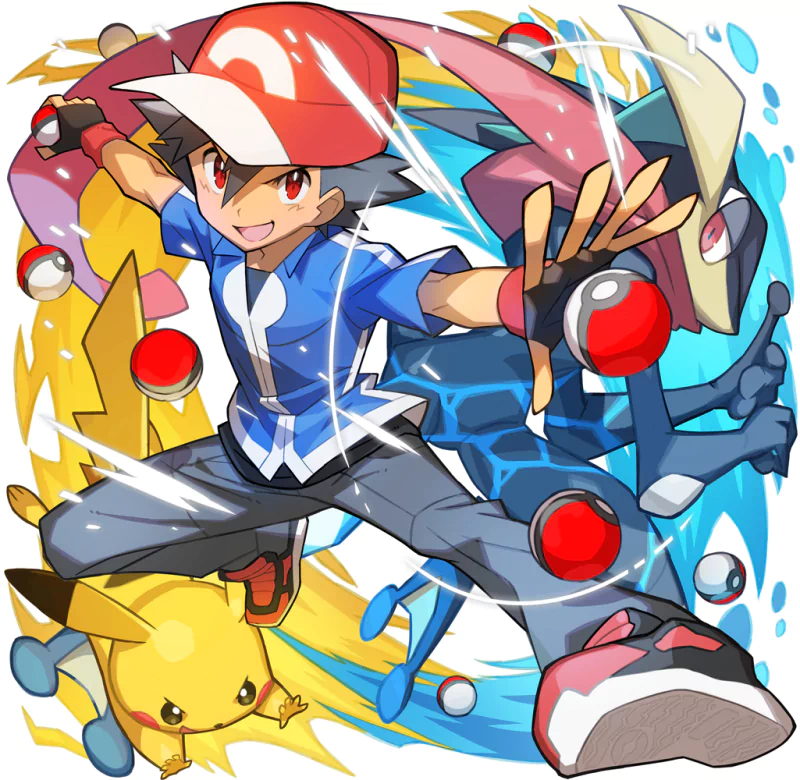 Ash Ketchum in a cap poses dynamically with Pikachu, Greninja, and several Pokéballs in an action-packed Pokémon anime scene.