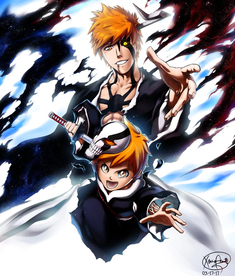 Anime-style illustration of Ichigo Kurosaki and Kazui Kurosaki from Bleach, featuring dynamic poses and contrasting dark and light energy effects.