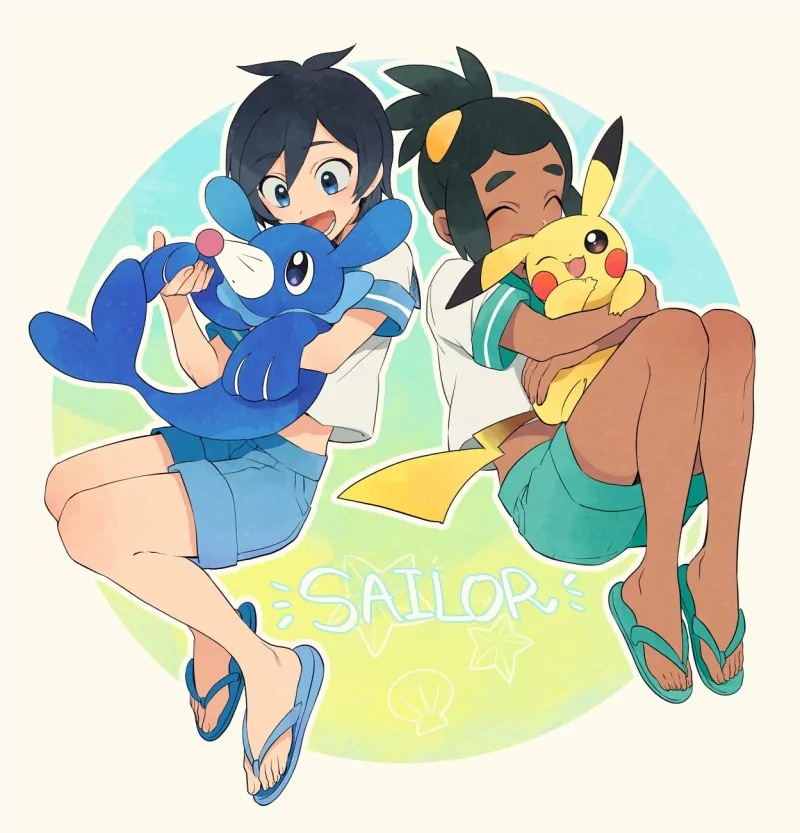 legs shorts Popplio (Pokémon) cute green hair black hair smile Pikachu feet sandal Pokemon Pokémon: Sun and Moon Hau (Pokemon) Elio (Pokémon) video game Image