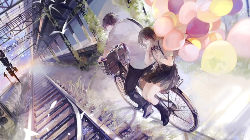 balloon bike school uniform bicycle railroad Anime couple anime couple Image