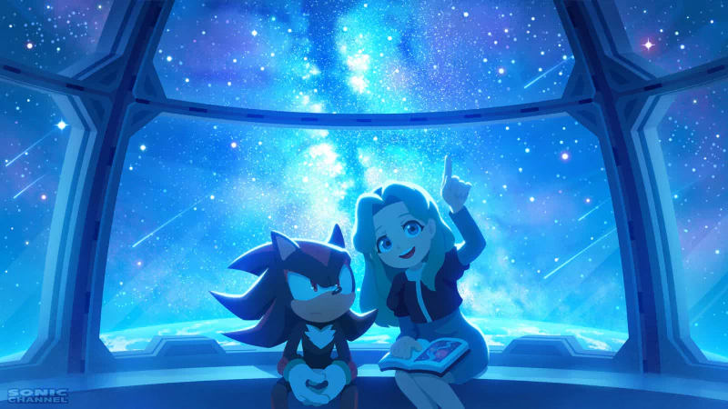 Sonic Channel art: Maria Robotnik reads a book beside Shadow the Hedgehog beneath a star-filled space window, inspired by the Sonic the Hedgehog video game.