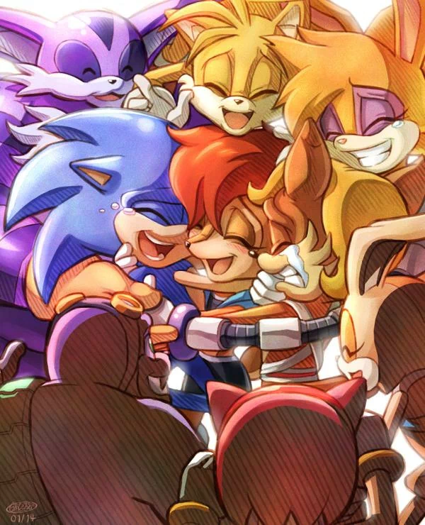 Archie Comics smile hug tears Freedom Fighters (Sonic the Hedgehog) Amy Rose Rotor the Walrus Cream the Rabbit Big the Cat Antoine D'Coolette Miles 'Tails' Prower Sally Acorn Comic Sonic the Hedgehog Image