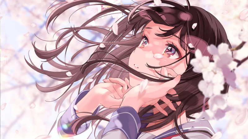 Anime girl with brunette hair and striking purple eyes surrounded by delicate cherry blossoms, captured in a soft, wind-swept moment.