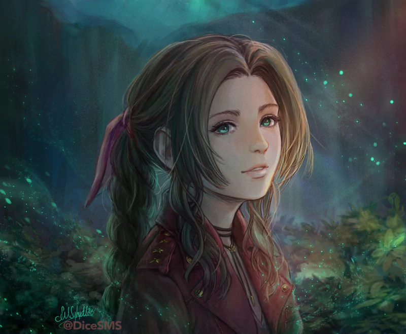 Aerith Gainsborough from Final Fantasy VII Remake — head-and-shoulders portrait with braided hair and pink ribbon, soft smile, glowing green mist and flowers behind her.
