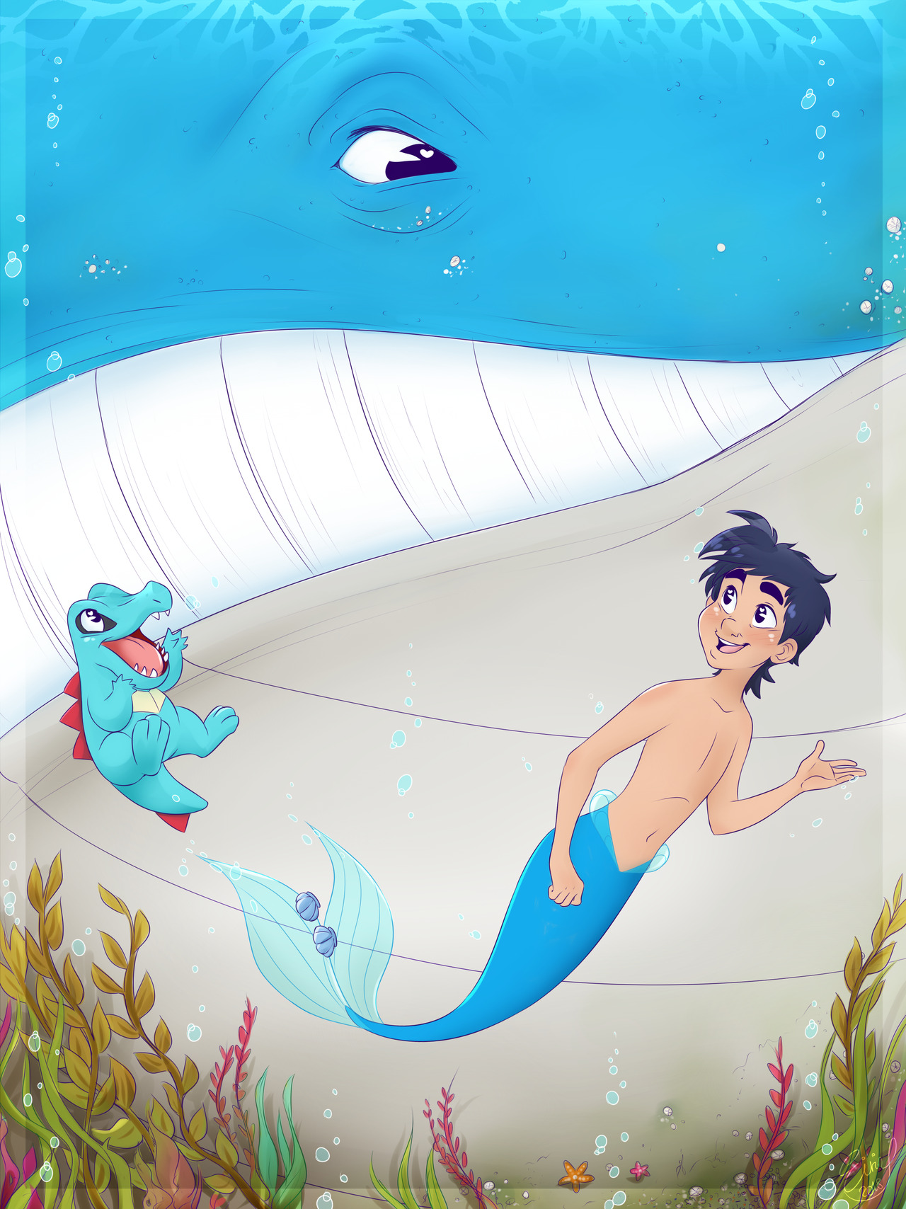 Black-haired merman Ethan swims in a sunlit sea beneath a giant Wailord while Totodile plays nearby among coral — Pokémon crossover art.