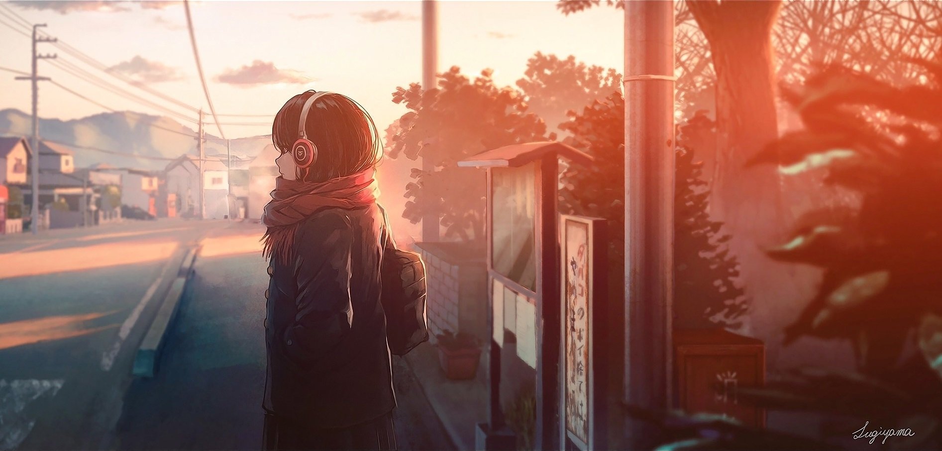 Anime-style scene of a person wearing headphones standing on a street during a warm, glowing sunset.