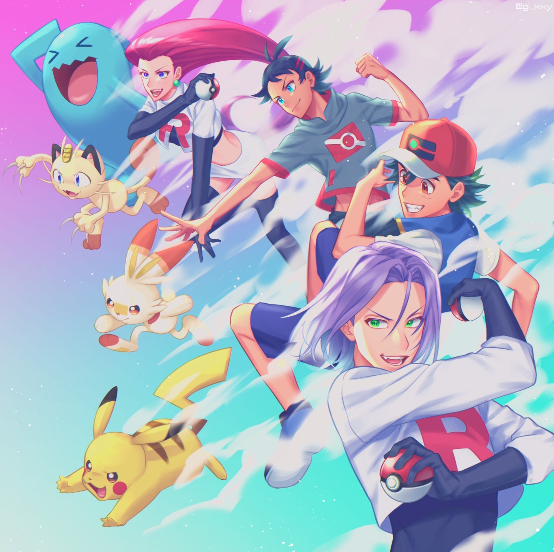 Anime Pokémon scene: Ash Ketchum and Goh in caps with Poké Balls, Pikachu, Scorbunny, Jessie, James, Meowth and Wobbuffet; characters show purple, red, two-toned and black hair.