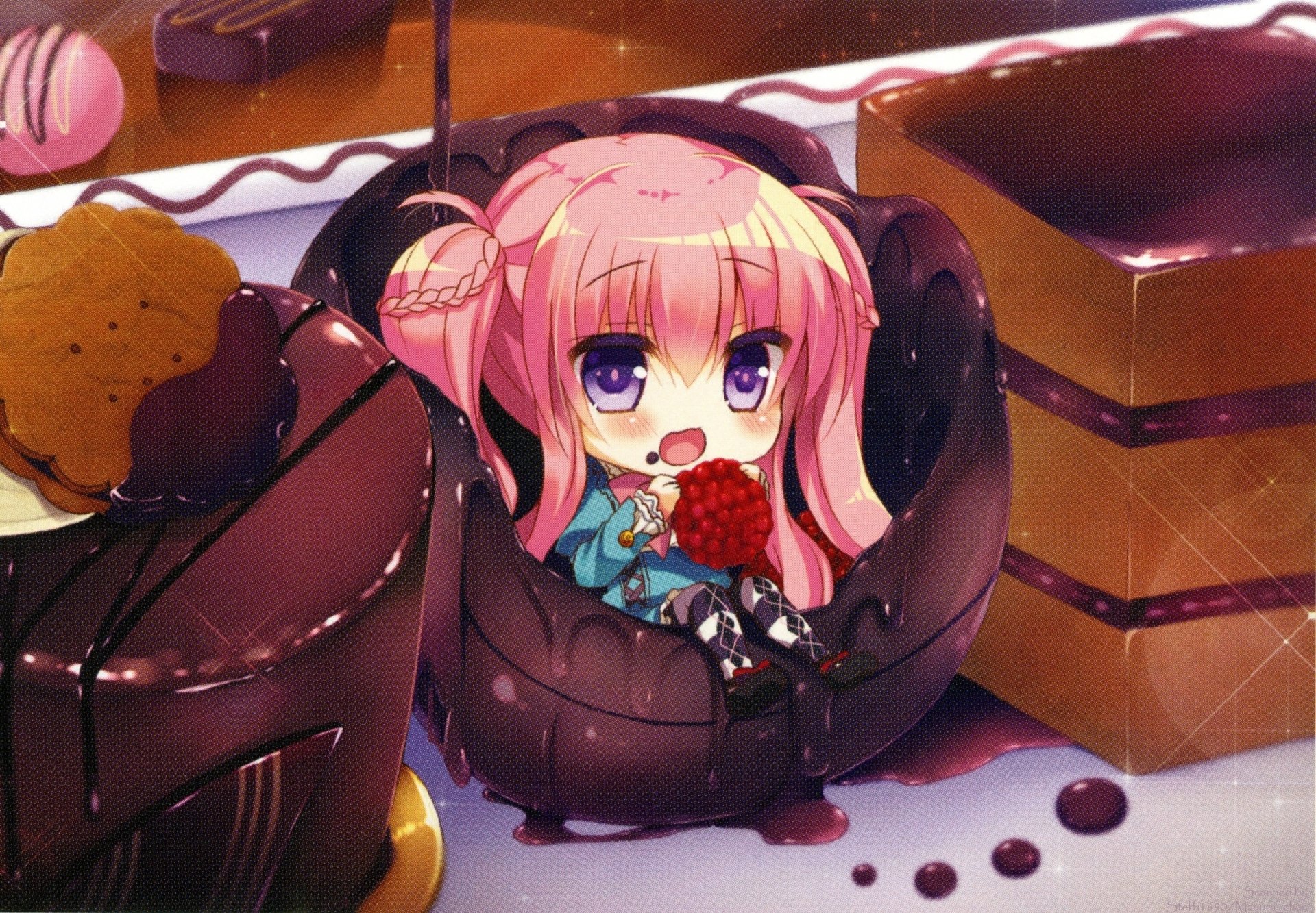 Cute pink-haired anime girl with purple eyes sitting inside a chocolate shell, holding a strawberry and surrounded by sweets and pastries.