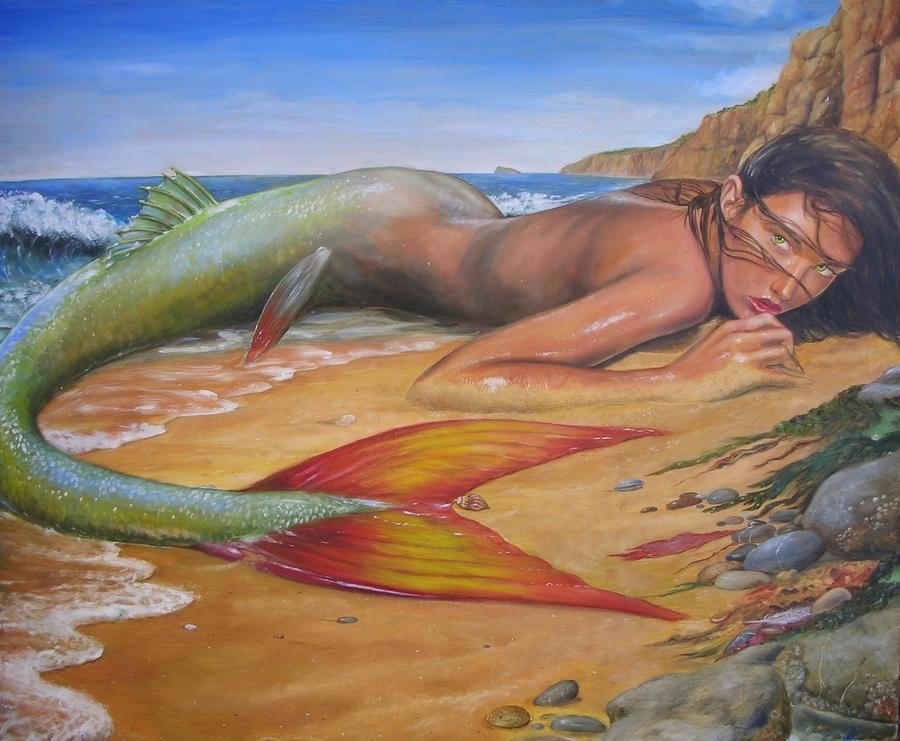Download Tail Green Eyes Black Hair Beach Fantasy Mermaid Art