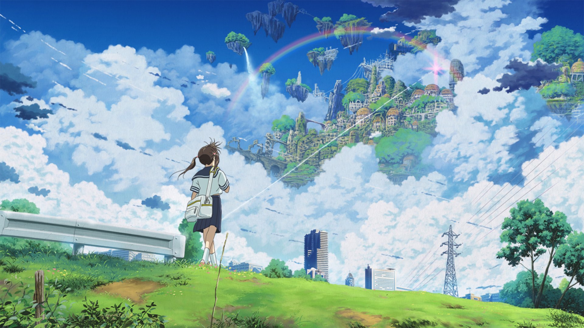 A character stands on a grassy hill, gazing at a vibrant, fantastical landscape filled with clouds, a rainbow, and floating structures, capturing a serene anime scene.