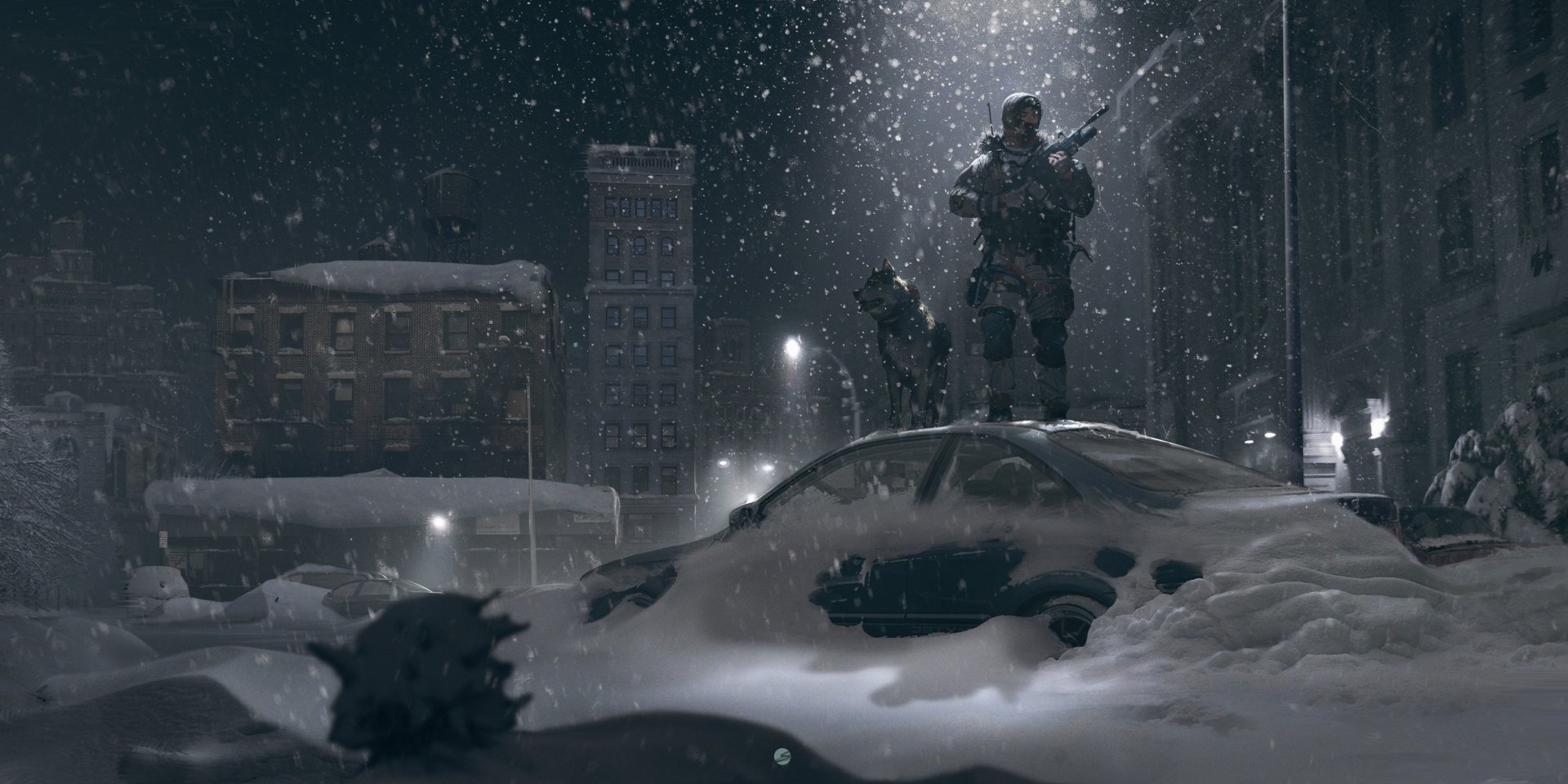 A sci-fi warrior soldier stands alert on a snow-covered car amid a snowy winter urban battlefield, with tall buildings and falling snow surrounding the scene.