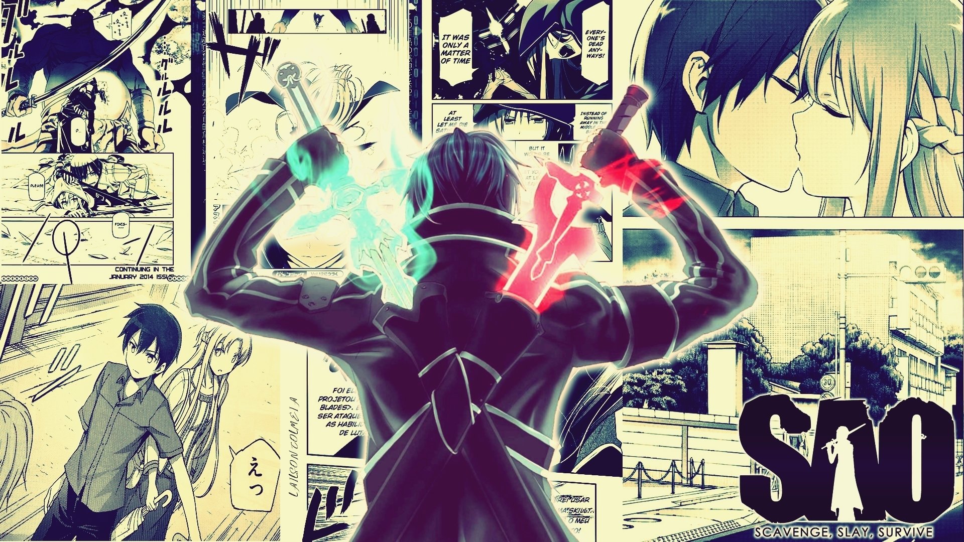 Kirito, wielding dual swords glowing blue and red, stands against a backdrop of Sword Art Online manga panels featuring Asuna Yuuki and key scenes from the anime.