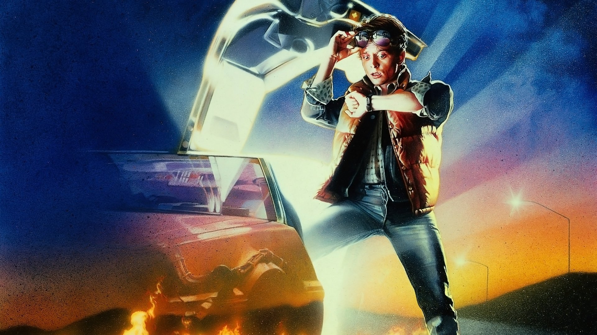 A vibrant movie poster for Back To The Future, featuring a young man adjusting his sunglasses next to a classic car, with a time machine in the background and a colorful sunset scene.