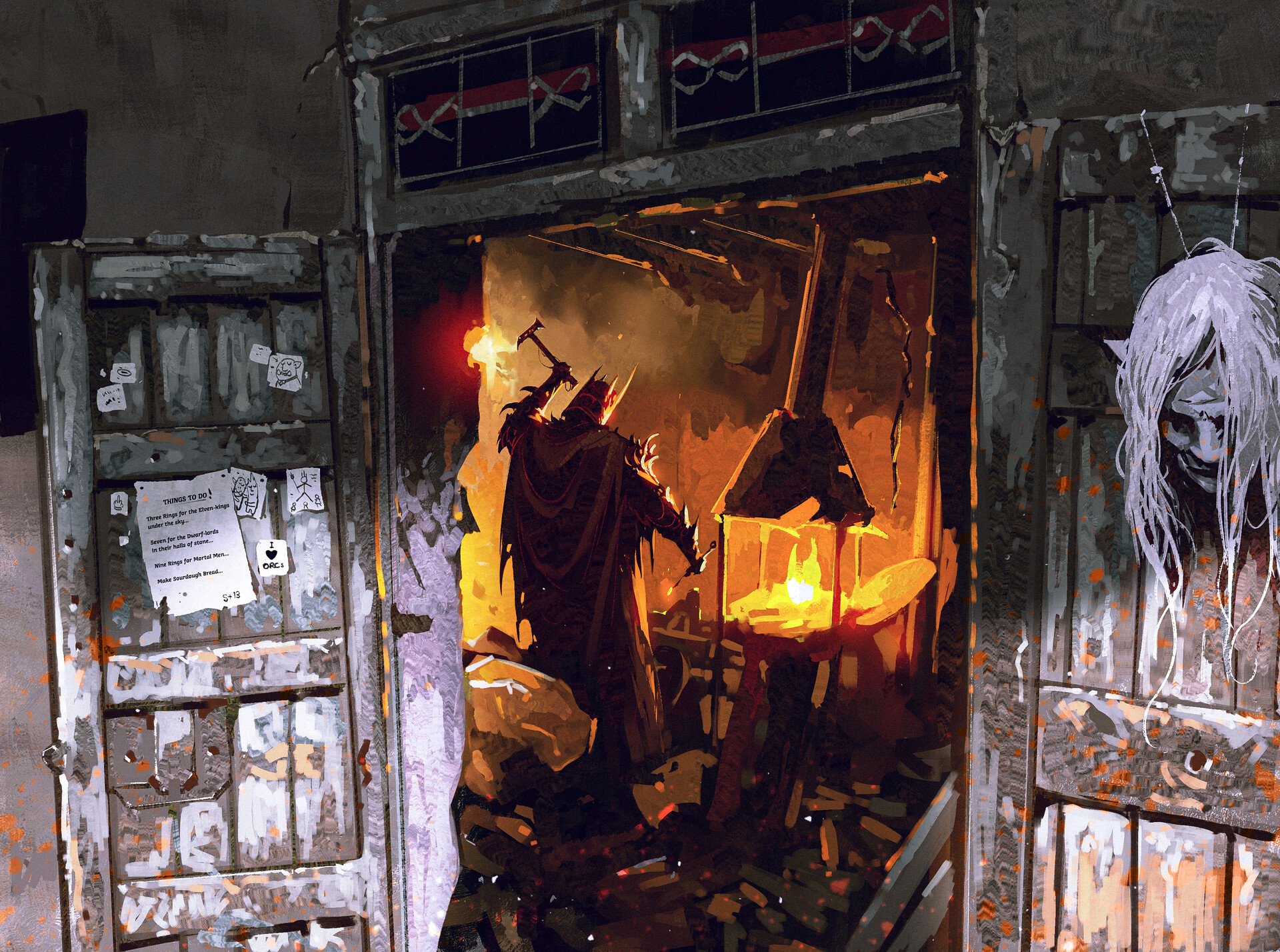 Through battered doors, Sauron stands at a blazing forge hammering a glowing ring; ash and debris fill the room, a pale wraith-like face peers from the doorway.