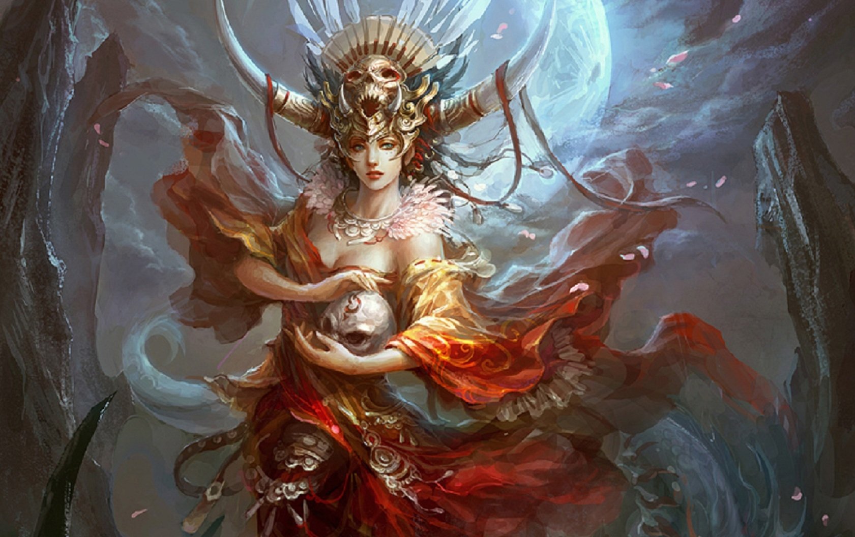 A fantasy scene featuring a woman adorned in ornate clothing, holding a skull, surrounded by mystical elements and a glowing moon in the background.