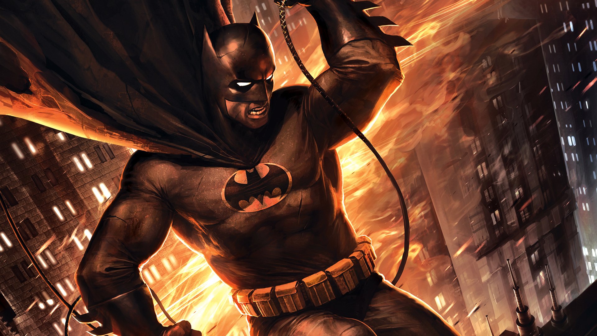 Batman in armored suit leaps through a fiery Gotham skyline — DC Comics movie art for Batman: The Dark Knight Returns, Part 2.
