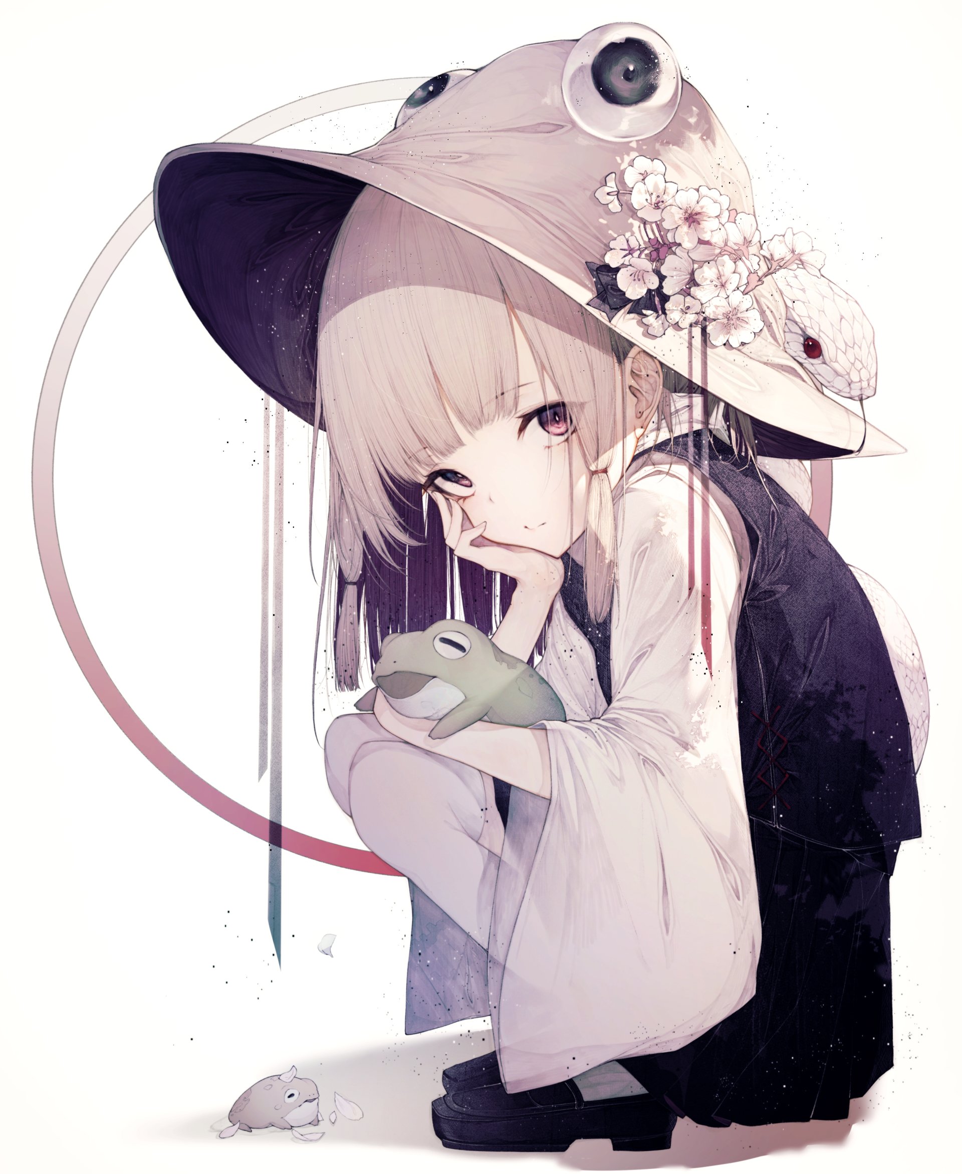 Anime illustration of Suwako Moriya (Touhou): a young girl squatting in a frog hat adorned with flowers, holding a small green frog, pale hair, kimono sleeves, soft pastel tones.