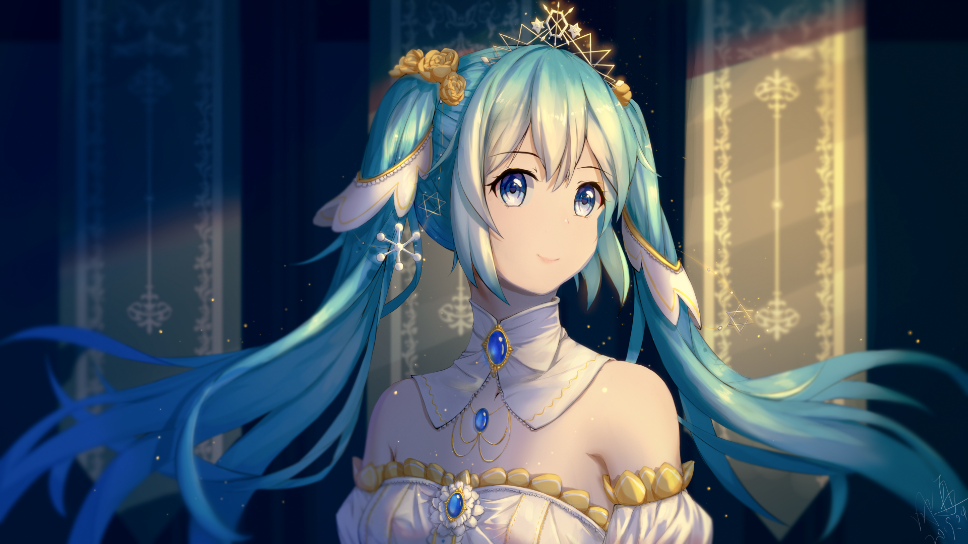 Hatsune Miku, a Vocaloid character, features vibrant long blue hair and an elegant outfit adorned with jewels, standing against a softly lit background.