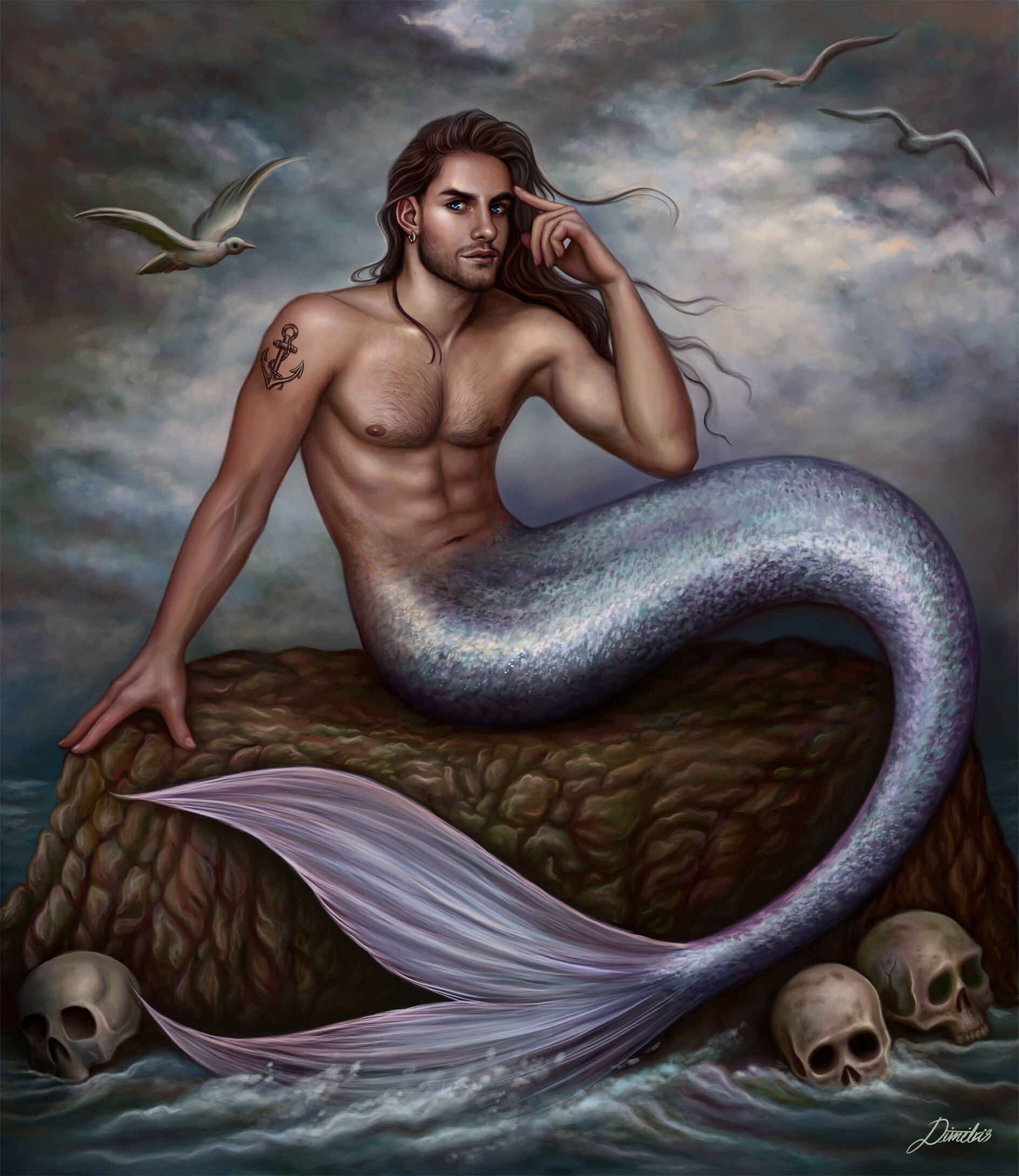 Download Blue Eyes Skull Seagull Tail Long Hair Merman Fantasy Mermaid Art