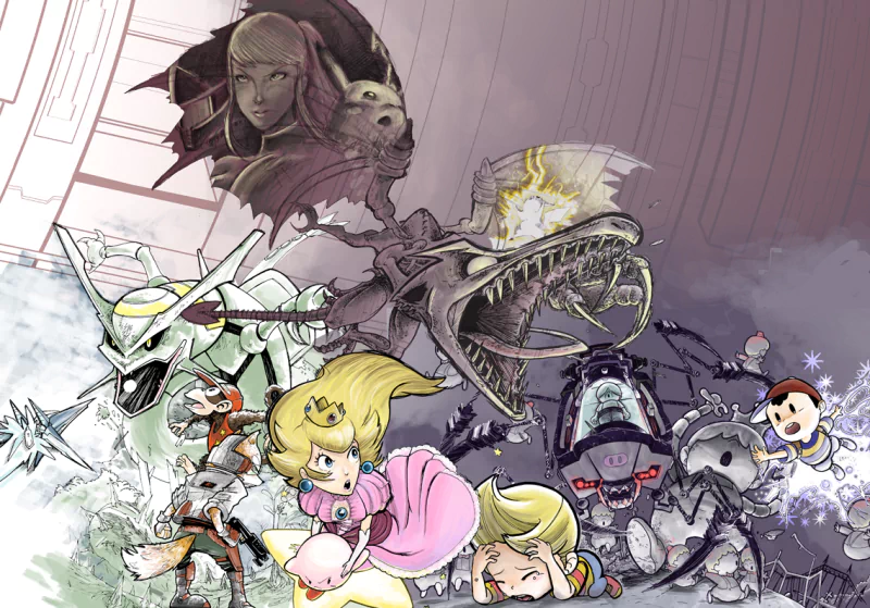 Dynamic illustration of fighters from the video game Super Smash Bros. Brawl — Peach and other combatants charging into battle amid monstrous foes in a sketchy, high-energy style.