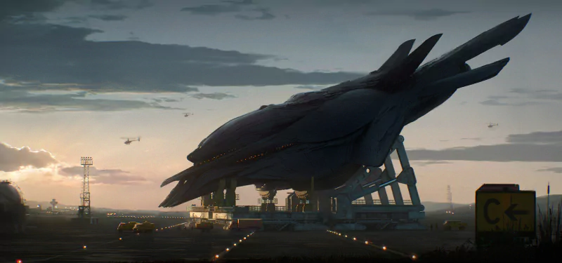 A sci-fi spaceship is docked at a futuristic spaceport during dusk, with the sky painted in soft twilight hues.