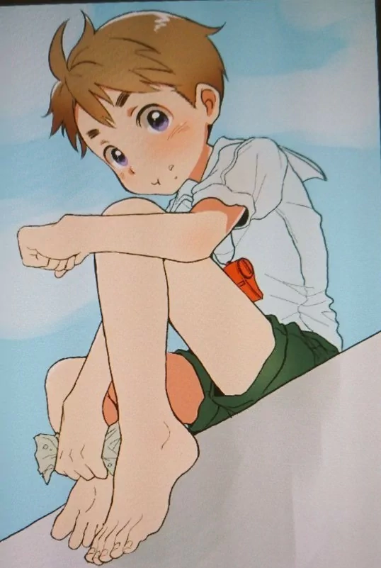 Cute anime boy — a blonde with purple eyes in shorts — sits barefoot hugging his knees, legs and feet visible, blushing under a pale sky.