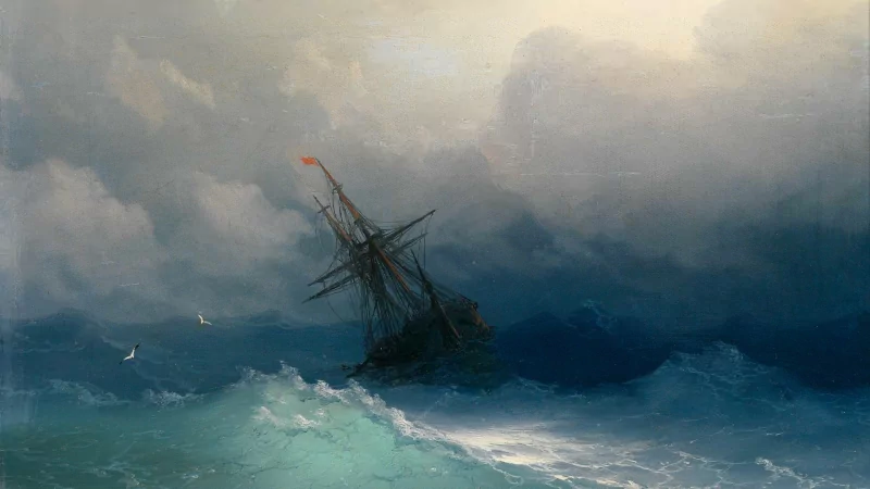 Artistic painting of a lone ship battling towering waves beneath dark storm clouds, seagulls circling and a small red flag atop the mast.