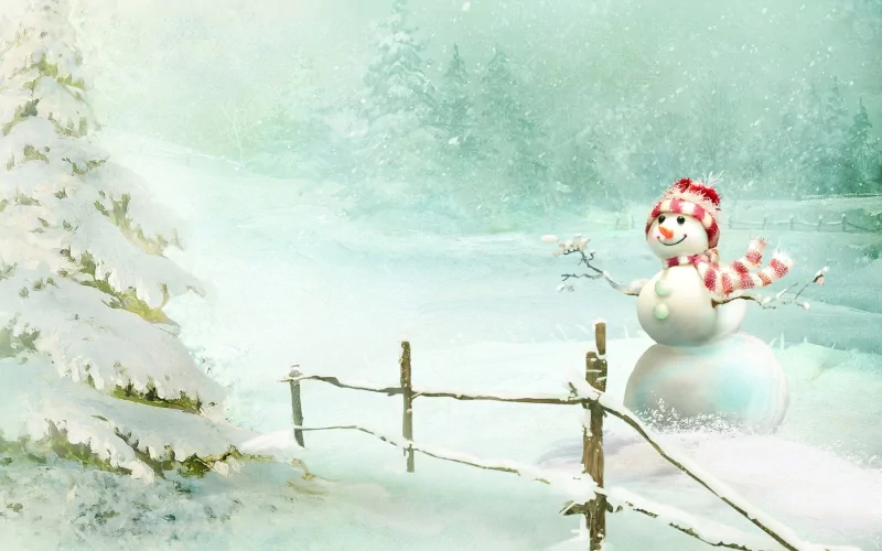 A charming snowman with a striped scarf stands in a snowy landscape, surrounded by a soft, wintry ambiance and a snow-covered tree in the background.