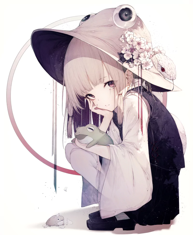 Anime illustration of Suwako Moriya (Touhou): a young girl squatting in a frog hat adorned with flowers, holding a small green frog, pale hair, kimono sleeves, soft pastel tones.