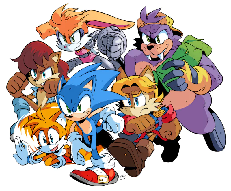 cap blonde red hair green eyes blue eyes Freedom Fighters (Sonic the Hedgehog) Miles 'Tails' Prower Antoine D'Coolette Rotor the Walrus Bunnie Rabbot Sally Acorn Sonic the Hedgehog Comic Archie Sonic Online Image