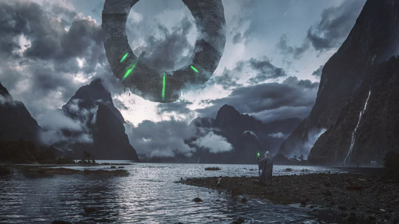 A sorcerer stands by a dark, misty fantasy landscape with towering mountains and a massive glowing ring suspended in a stormy sky.