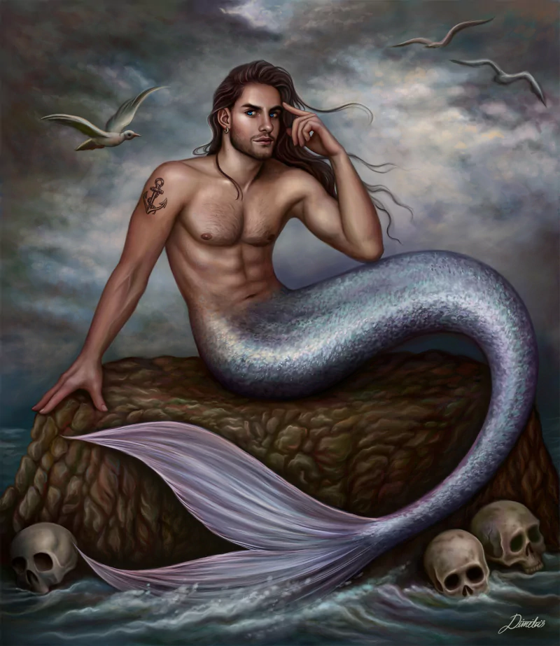 blue eyes skull seagull tail long hair merman fantasy mermaid Image