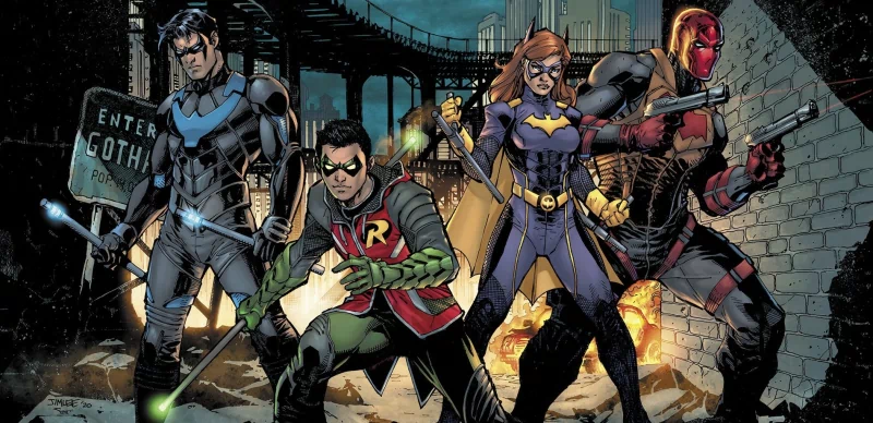 DC Comics heroes Nightwing, Robin (Dick Grayson), Batgirl (Barbara Gordon), and Red Hood (Jason Todd) stand ready in a Gotham Knights video game scene.