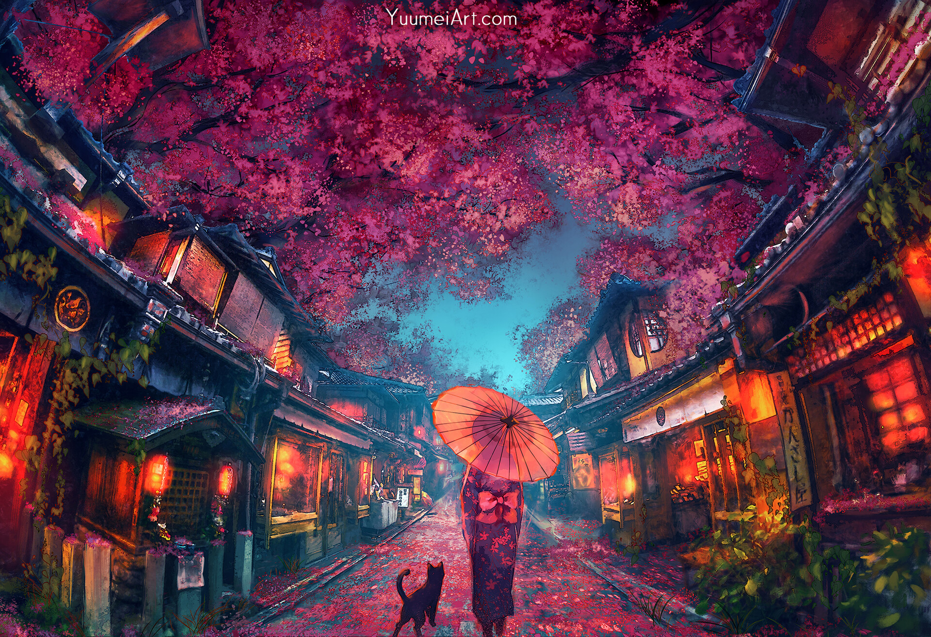 Anime Girl on City Street with Sakura Trees at Dusk by Wenqing Yan