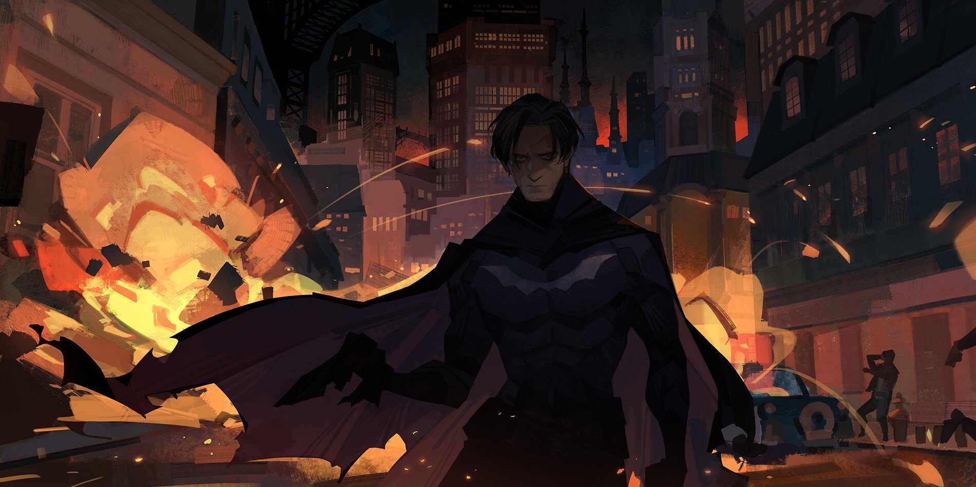 Batman (Bruce Wayne) stands in burning Gotham City, cape billowing amid wreckage and explosions — a cinematic DC Comics scene evoking The Batman movie.
