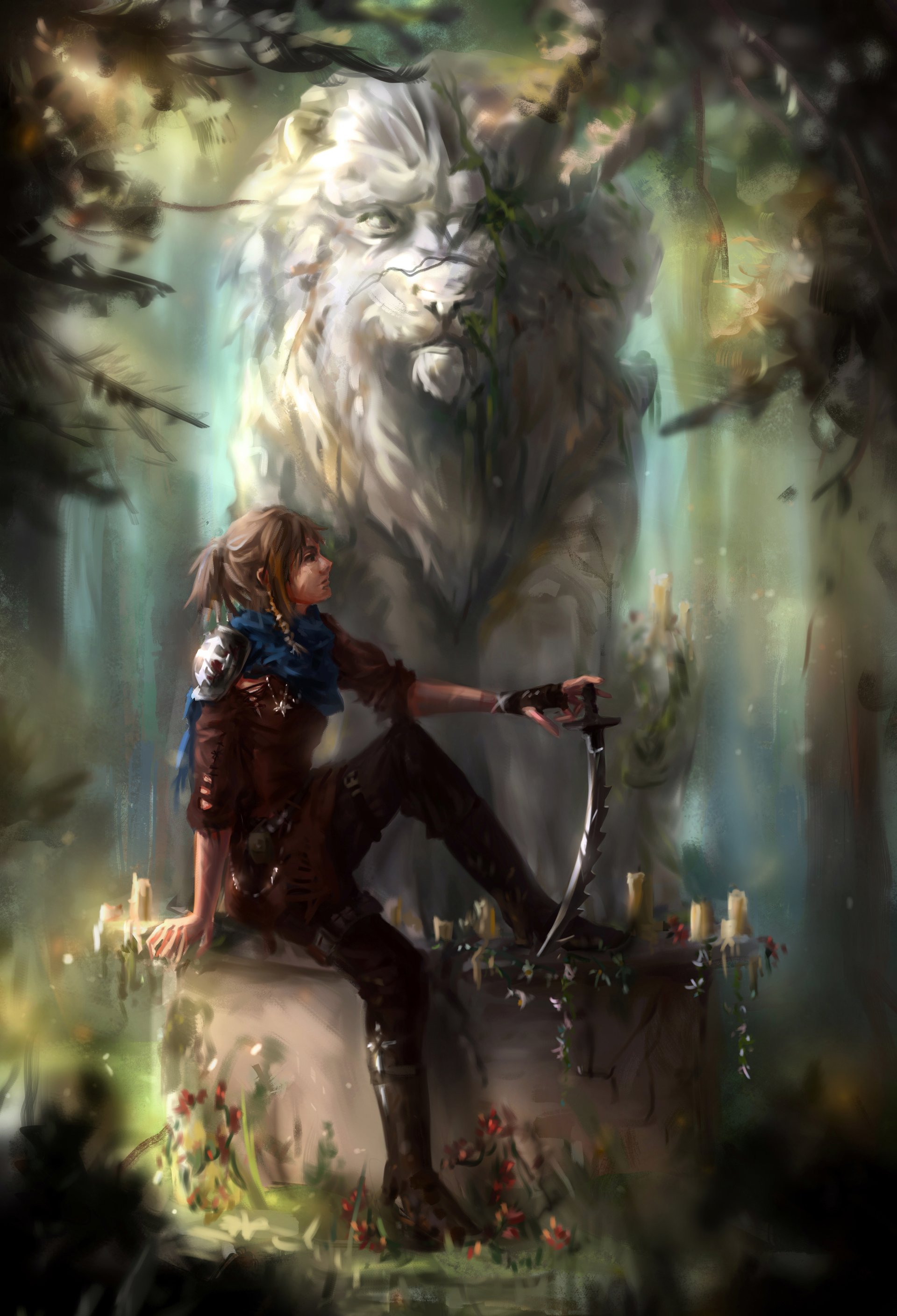 A fantasy woman warrior rests on a stone pedestal, holding a curved blade, with a large mystical white lion-like spirit towering behind her in a glowing forest.