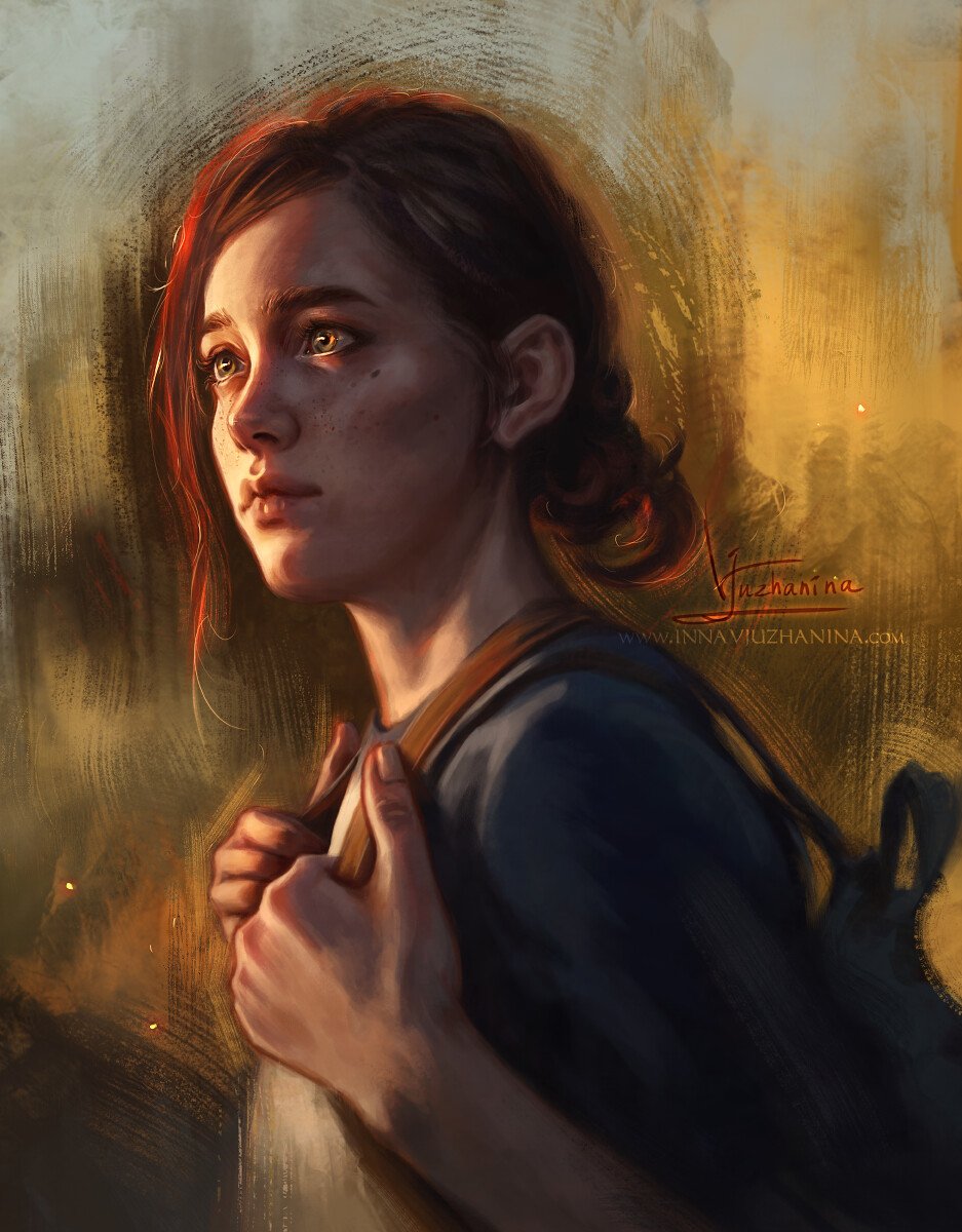 Ellie (The Last of Us), from the video game, clutching her backpack and gazing into warm, smoky light with a determined, wary expression.