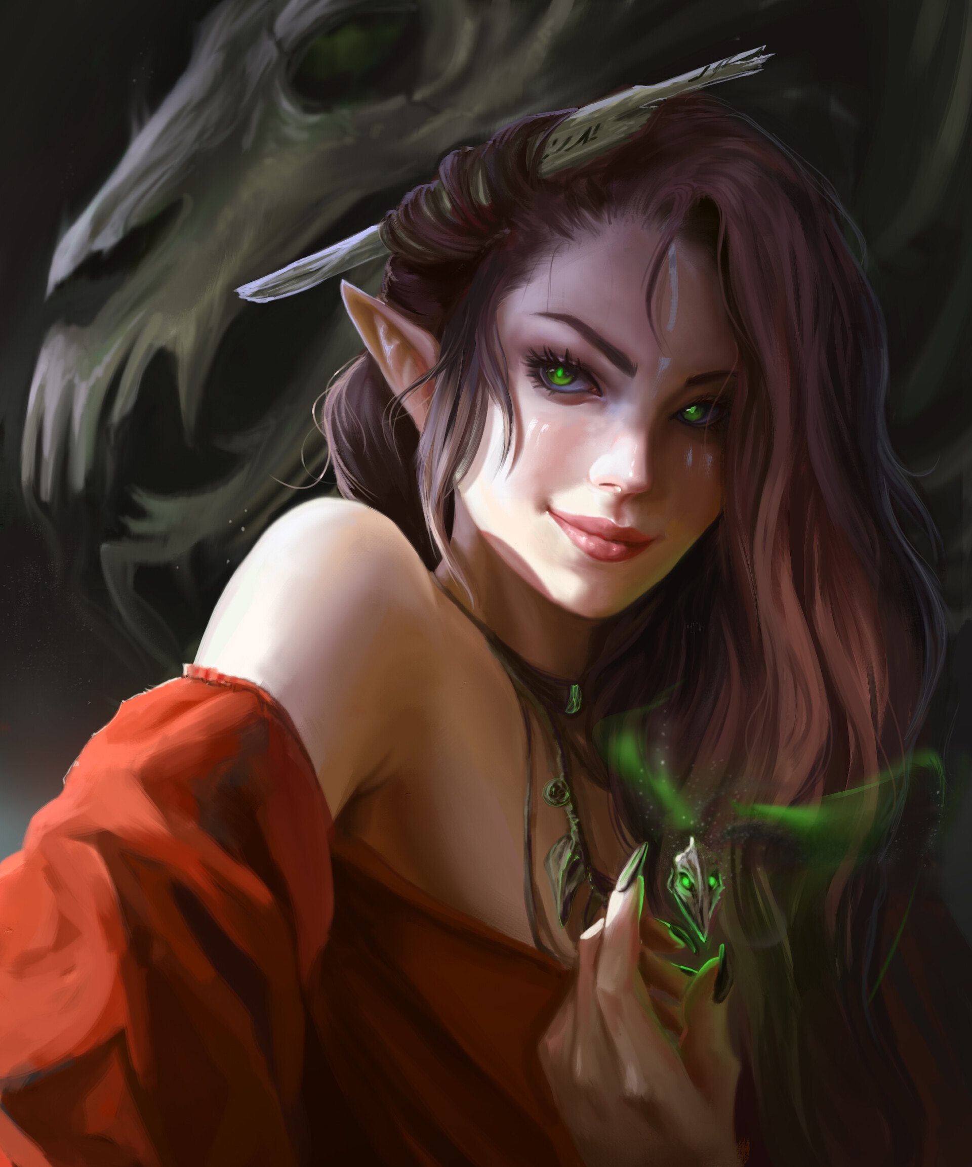 A captivating elf with striking green eyes and flowing hair wears a red garment, holding a glowing green gem against a dark, mystical background. Fantasy elements enhance the enchanting atmosphere.