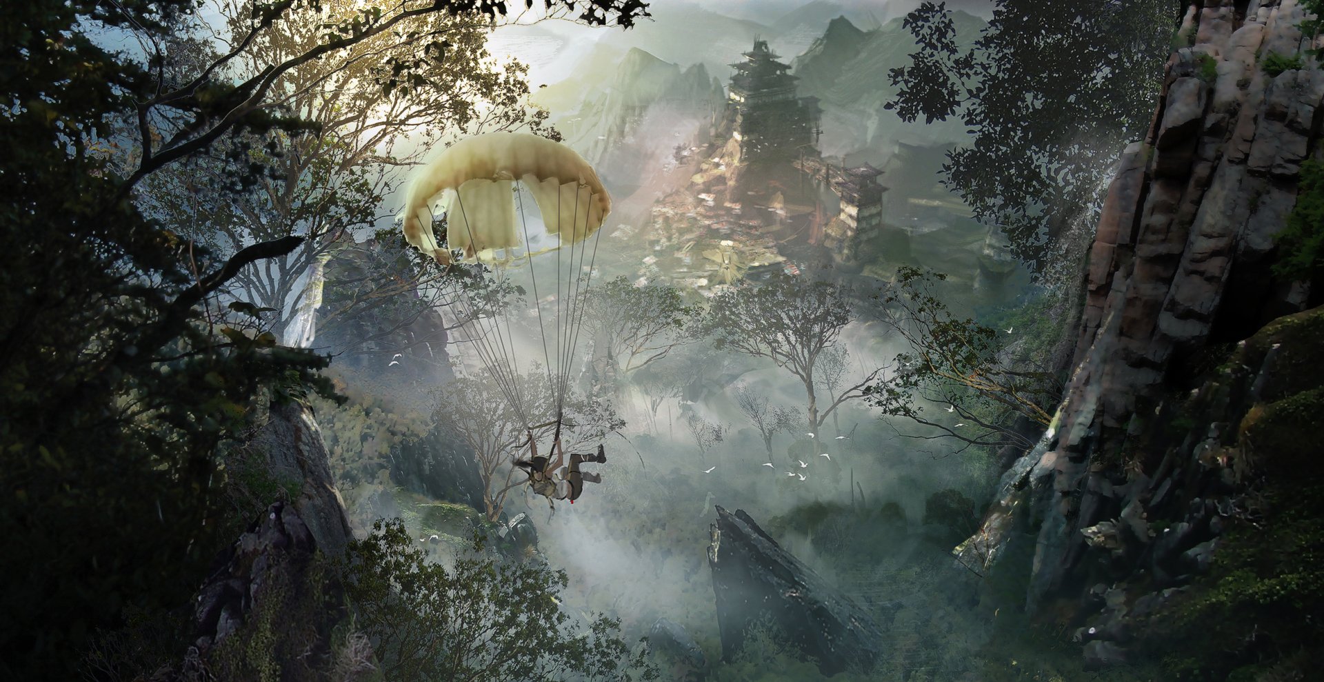Lara Croft parachutes into a misty jungle valley framed by cliffs and ruins, a dramatic moment from the video game Tomb Raider (2013).